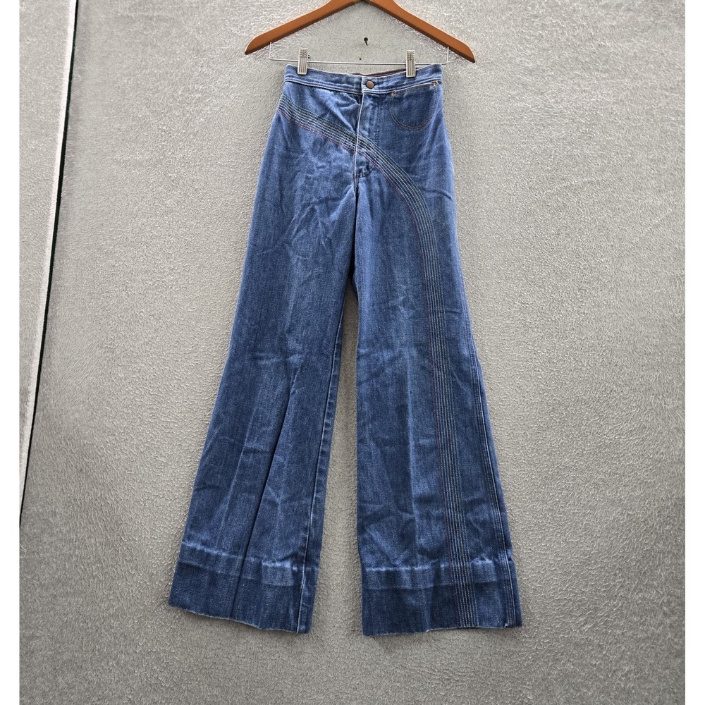 VINTAGE Wrangler Womenβ Jeans 5/6 Blue Denim 70's Rainbow Bell Bottoms Flared
